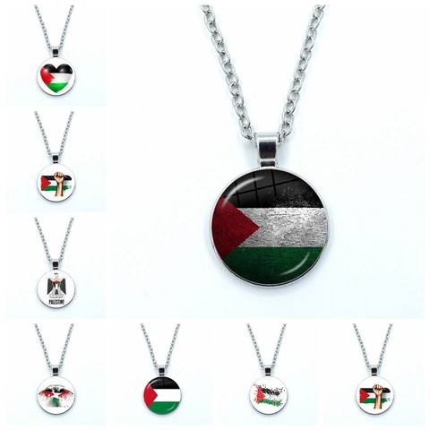 Palästina Flagge Nationalkarte Runder Anhänger Halskette Legierung Glas Cabochon Zeitjuwel Symbol Schmuck Geschenk