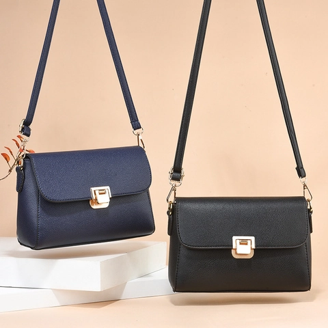 Women Litchi Pattern PU Leather Shoulder Crossbody Bag With Golden Metal Buckle Square Flap Minimalist Commute Office