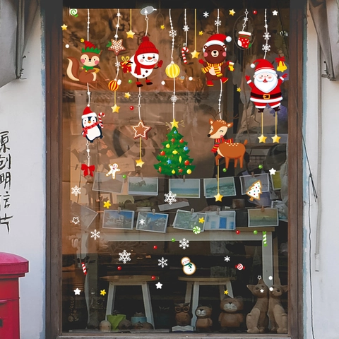 Christmas Window Stickers Static Cling Reusable Double Sided PVC Cartoon Santa Reindeer Snowman Holiday Decor