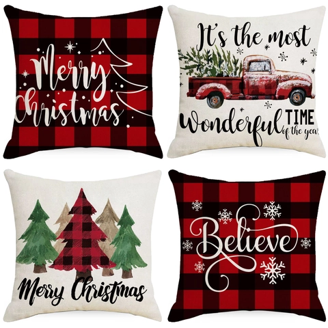 Christmas Cushion Cover Linen Buffalo Plaid Red Truck Decorative Pillowcase Square Invisible Zipper Holiday Decor