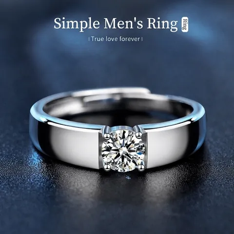 925 Sterling Silver Moissanite Ring For Men Round Brilliant Cut D Color VVS1 GRA Certificate Adjustable Open Band Ring