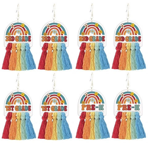 Rainbow Tassel Earrings Wood Bohemian Back To School Teacher Gift For Women Girls Grade Level Printed Retro Jewelry