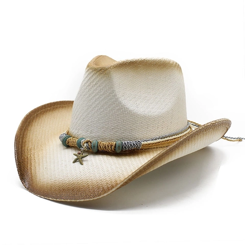 Western Cowboy Straw Hat Wide Brim Breathable Sun Protection Vacation Beach Vintage Woven Starfish Decor For Women Men