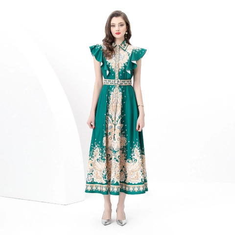 Elegante Maxi-Jurk Met Paisley-Print En Ruchesmouwen Retro Revers A-Lijn Riem Polyester Vakantie Voor Dames