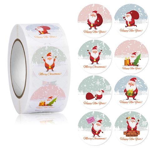 Christmas Sticker Roll Round Santa Snowman Holiday Labels Self Adhesive For Gift Wrapping Decoration Party Favor