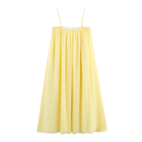 Bohemian Chiffon Maxi Dress Spaghetti Strap Lace Patchwork V Neck High Waist Sleeveless Vacation Elegant Women Yellow