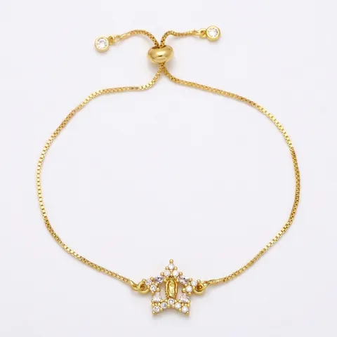Bracelet Ajustable Coulissant Cuivre Plaque Or Croix Pendentif Vierge Marie Zircon Colore Bijoux Religieux Luxe Femmes