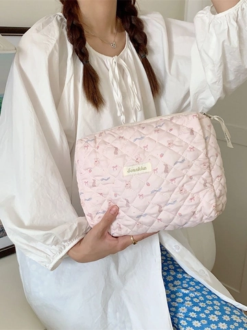 Borsa Per Cosmetici In Cotone Trapuntato Grande Capacità Cerniera Organizzatore Da Viaggio Cartone Animato Per Donne