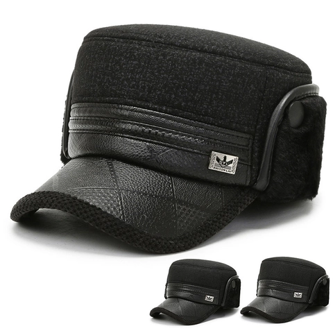 Men Winter Flat Top Cadet Hat Woolen PU Leather Trim Warm Thickened Ear Flaps Thermal Cap For Middle Aged Senior