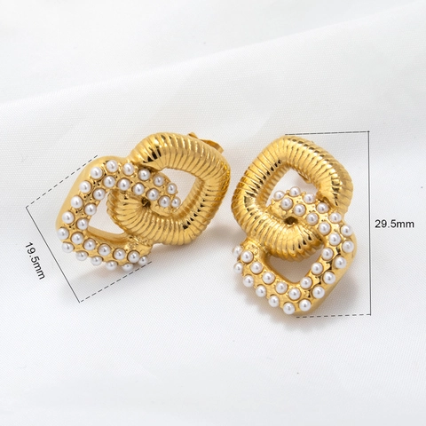 Boucles d'oreilles doubles cercles carrés acier inoxydable perle zircon géométrique luxe français bijoux pour femmes