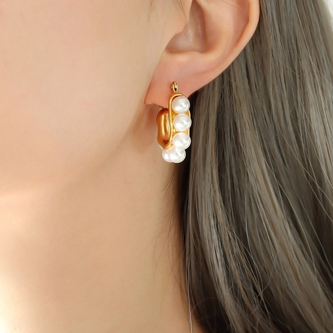 Elegant U-Shaped Hoop Earrings Gold Plated Titanium Steel With Faux Artificial Pearl Vintage Minimalist Jewelry For Women