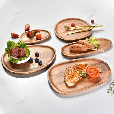Acacia Wood Serving Tray Irregular Natural Wood Fruit Plate Japanese Style Decorative Dessert Plate For Restaurant Home
