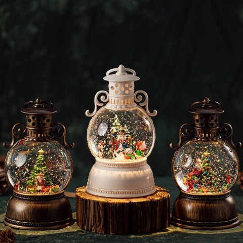 Christmas Snow Globe Lantern Music Box Plastic Resin Rotating Micro Landscape Glowing LED Light Automatic Snowfall Festive Gift