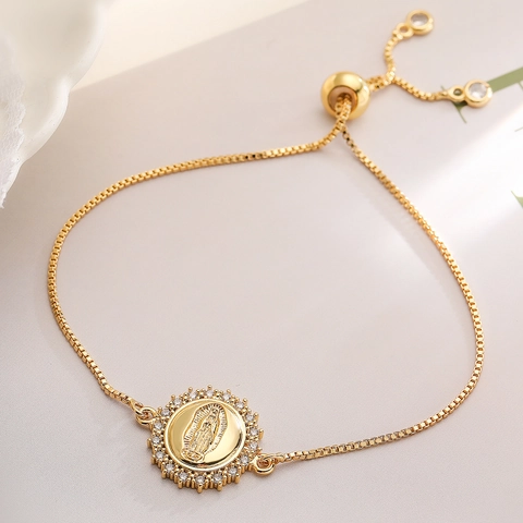 Virgin Mary Bracelet Gold Plated Copper Zircon Inlaid Adjustable Religious Jewelry For Women