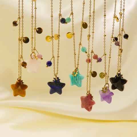 Collana Con Ciondolo A Stella Pentagramma Pietra Naturale Acciaio Inossidabile Catena Dorata Gioielli Boho Per Donna
