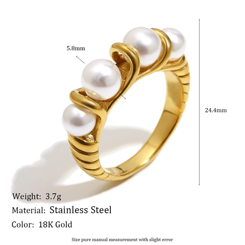 Bague En Acier Inoxydable Plaqué Or 18K Pour Femme Avec Künstliche Perles D'imitation Design Enroulé Côtelé Bijoux Vintage