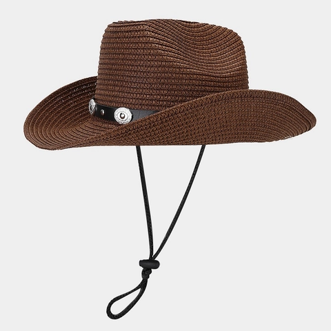 Western Wide Brim Cowboy Straw Hat With Leather Band And Metal Concho Sun Protection Adjustable Wind Rope Beach Vacation