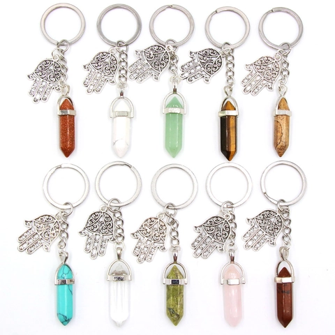 Vintage Hand Der Fatima Kristall Sechseckiges Prisma Schlüsselanhänger Naturstein Taschenanhänger Hohllegierung Amulett Schlüsselring Schmuck