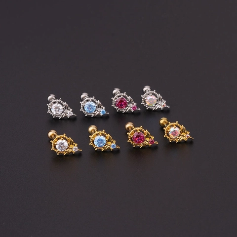 Vintage Filigree Cartilage Piercing Stud Earrings Stainless Steel Rod Copper Cubic Zirconia Screw Ball Back For Women