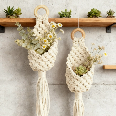 Bohemian Macrame Wall Hanging Basket Cotton Rope Hand Woven Plant Holder Wood Ring Long Tassel Nordic Home Decor Storage