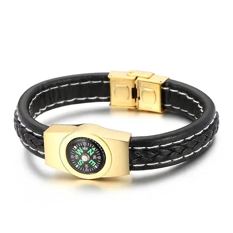 Pulsera De Brújula Para Hombre De Acero Inoxidable Y Cuero De Vaca Trenzado Joyería De Supervivencia Al Aire Libre