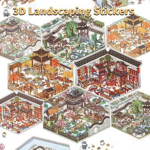 DIY 3D Scene Stickers PET Transparent Chinese Style Architecture Cute Cat Theme Journaling Scrapbook Aesthetic