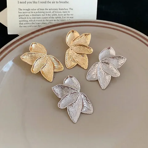 Exaggerated Large Petal Floral Stud Earrings With 925 Sterling Silver Earring Post Textured Metal Vintage Style For Women