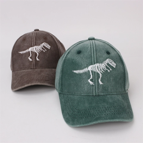 Kids Baseball Cap Washed Cotton Dinosaur Skeleton Bone Embroidery Vintage Hip Hop Sun Peaked Hat For Toddlers Boys Girls