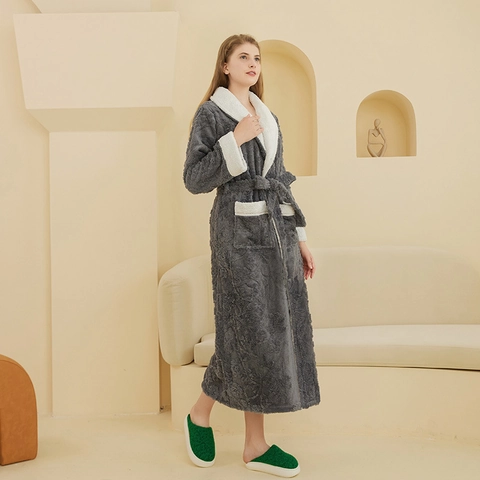 Women Long Robe Thickened Fleece Jacquard Bathrobe Contrast Shawl Collar Warm Winter Plush Sleepwear