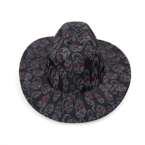 Cappello da Cowboy Western Gotico Stampa Teschi Occhi Rossi Glitterati Jazz Fedora per Festa Halloween Spettacolo Uomo Donna Nero