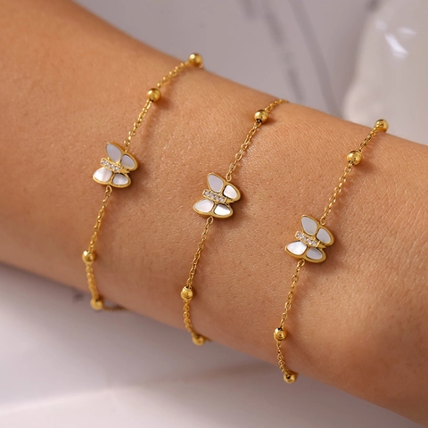 Fashion Butterfly Round Bead Bracelet For Women Titanium Steel 18K Gold Plated Natural Mother Of Pearl Rhinestone Inlaid Jewelry