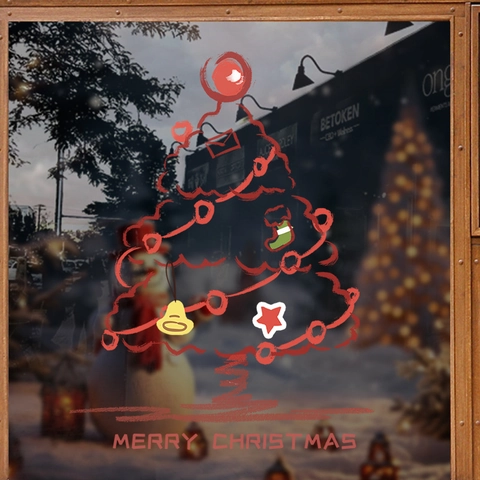 Christmas Window Sticker PVC Static Cling Red Christmas Tree Hand Drawn Design Glass Decal For Holiday Home Party Decor