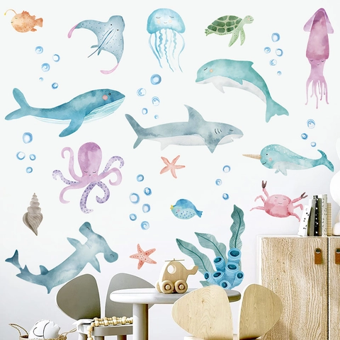 Ozean Tiere Wandaufkleber PVC Aquarell Meereslebewesen Wal Hai Oktopus Aufkleber Für Kinderzimmer Deko Abnehmbar