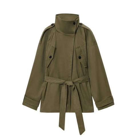 Women Military Style Trench Coat Stand Collar Epaulettes Belted Waist Solid Army Green Canvas Jacket Outerwear