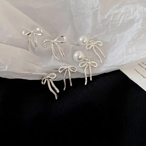 Bowknot Artificial Pearl Stud Earrings With 925 Sterling Silver Earring Post French Minimalist Elegant Jewelry For Women