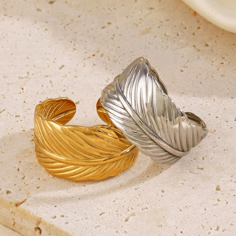 Anillo Abierto Ajustable Textura Pluma Acero Inoxidable Chapado En Oro Estilo Hip Hop Vintage Joyería Para Mujeres Hombres