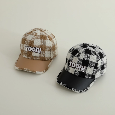 Cappellino Da Baseball A Scacchi In Tweed Per Bambini Tesa In Ecopelle Retrò Ricamo Lettere Cappello Bambino