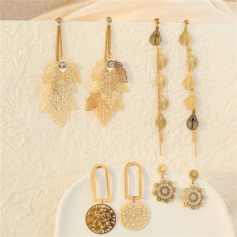 Elegant Stainless Steel Earrings For Women Hollow Leaf Tassel Geometric Rhinestone Dangle Gold Light Luxury Retro Style Accessories