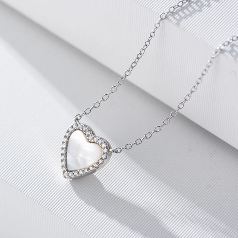 Heart Necklace 925 Sterling Silver White Mother Of Artificial Pearl Pendant Cubic Zirconia Clavicle Chain Jewelry For Women