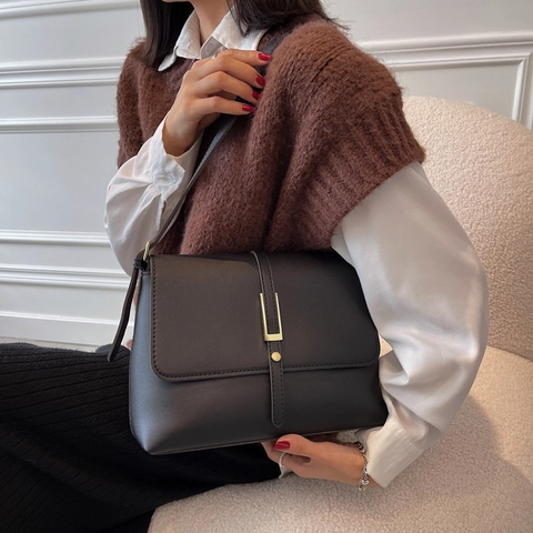 Retro PU Leather Shoulder Bag Women Minimalist Underarm Crossbody Purse Gold Metal Buckle Flip Cover Adjustable Strap