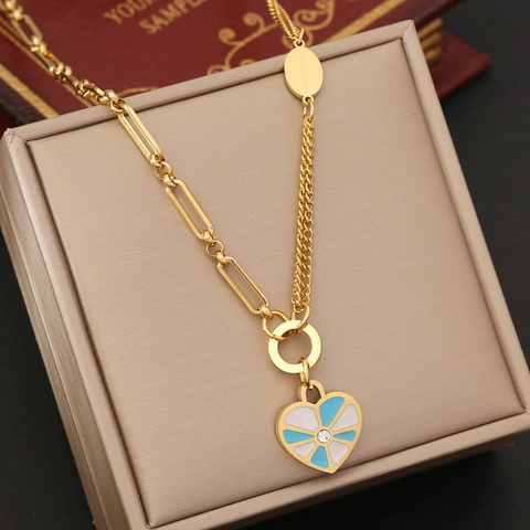 Heart Pendant Jewelry Gold Plated Stainless Steel Blue White Enamel Crystal Inlay Fashion Link Chain Accessory Women