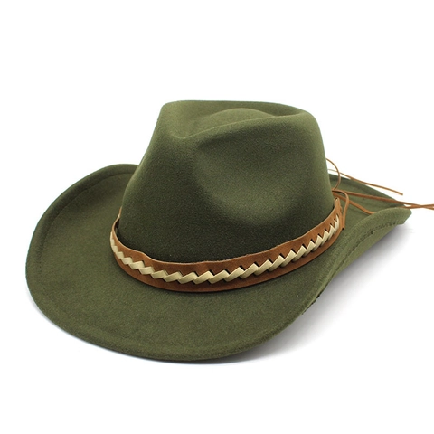 Vintage Western Cowboy Hat Wide Brim Wool Felt Fedora With Woven Belt And Tassels For Outdoor Fashion