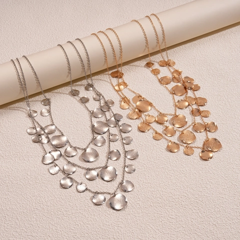 Layered Necklace Alloy Hammered Round Disc Pendants Bohemian Style For Women Fashion Accessory