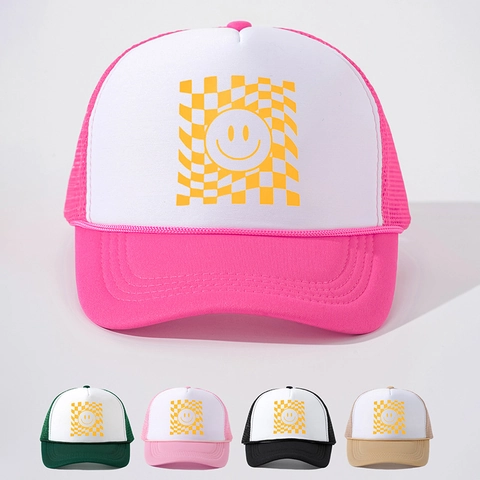 Smiley Face Geblokte Trucker Hat Ademend Mesh Verstelbaar Gebogen Rand Zonbescherming Outdoor Retro Streetwear Pet