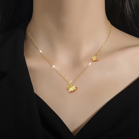 Butterfly Pendant Necklace Titanium Stainless Steel Frosted Polished Double Layer Ins Style Minimalist Jewelry For Women