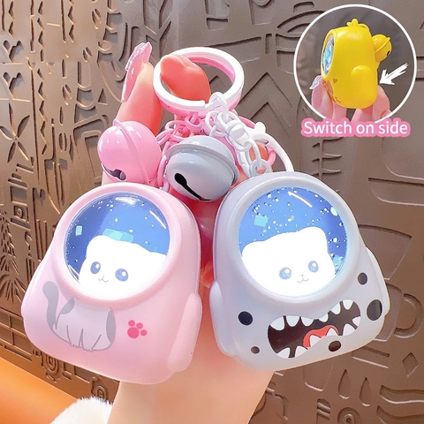 Glowing LED Astronaut Space Capsule Backpack Keychain Cute Cartoon Bear Cat Plastic Pendant With Metal Bell Accessory