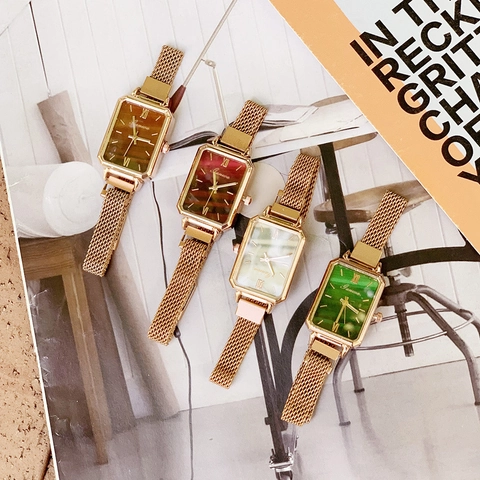 Women's Rectangular Quartz Watch Green Dial Rose Gold Milanese Mesh Strap Retro Fashion Elegant Wristwatch For Lady