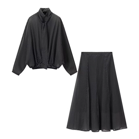 Camicia A Pois Da Donna E Gonna Lunga Chiffon Maniche Lunghe Collo Con Fiocco Vita Alta Elegante Casual Streetwear Completo