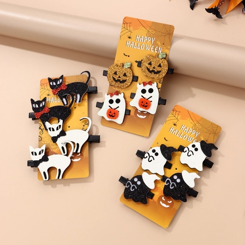 Halloween Hair Clips Glitter Felt Pumpkin Ghost Bat Spider Bow Party Accessories For Girls Kids Duckbill Hairpins Dark Style