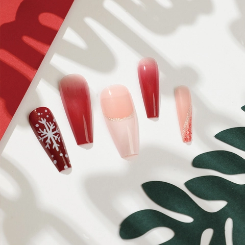 Long Coffin Press On Nails Christmas Snowflake French Gradient Glitter Red White Artificial Nails